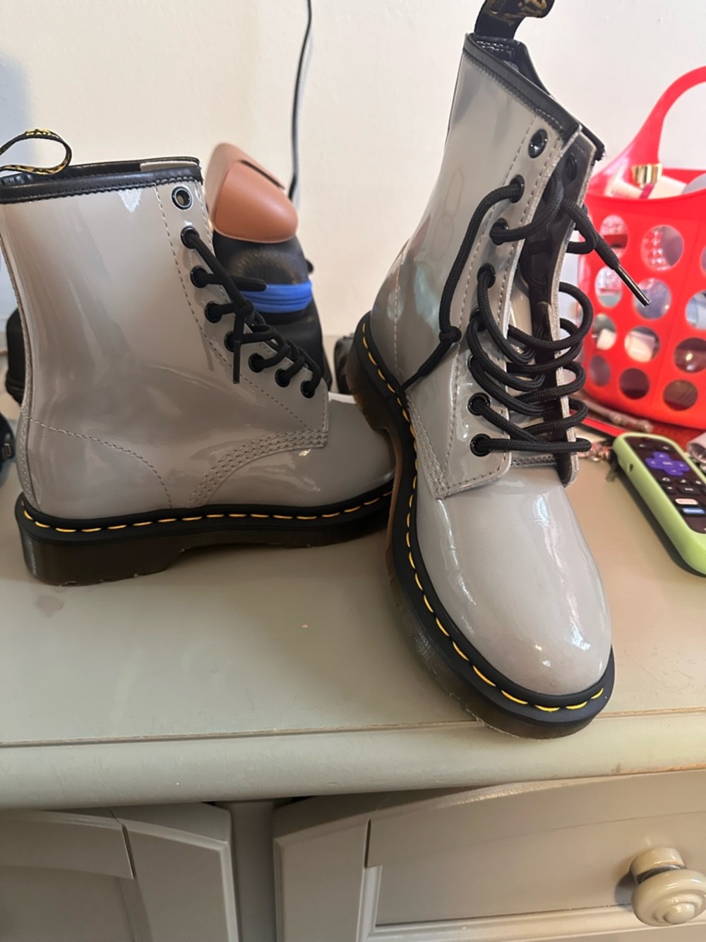 Dr. Martens Gray Patent Leather Lace-Up Ankle Boots